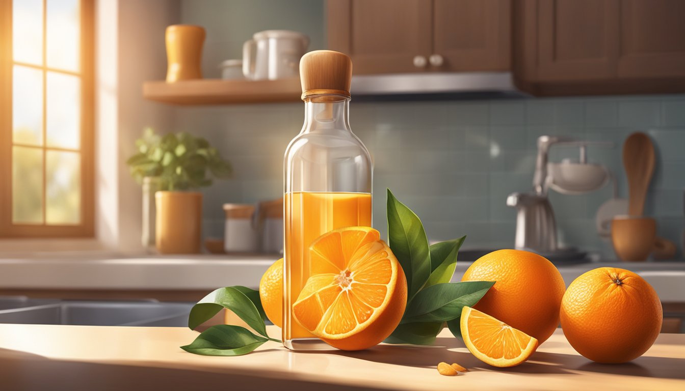 A bottle of orange extract sits on a kitchen counter, surrounded by fresh oranges and a measuring spoon. The sunlight streams in through the window, casting a warm glow on the scene