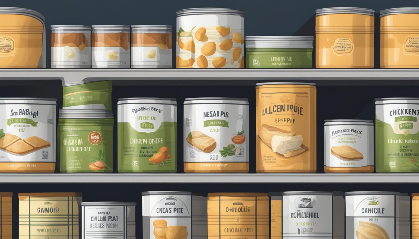 A pantry with neatly organized shelves of canned goods, including chicken pot pie, with expiration dates clearly visible on each can