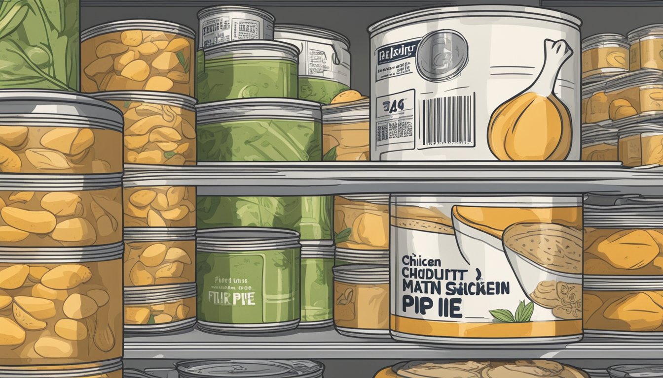 A can of chicken pot pie sits on a shelf, surrounded by other canned goods. The expiration date is clearly marked on the label