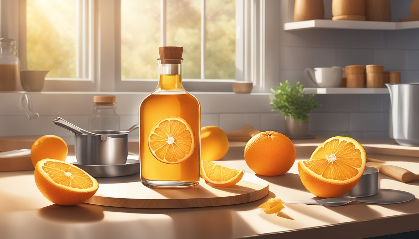 A bottle of orange extract sits on a kitchen counter, surrounded by various baking ingredients and utensils. The sunlight streams in through the window, casting a warm glow on the scene