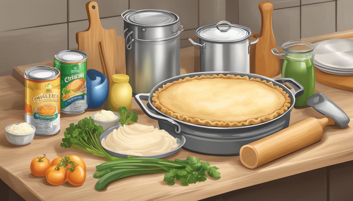 A kitchen counter with ingredients and utensils for making chicken pot pie, including a can of chicken, vegetables, a pie crust, and a rolling pin