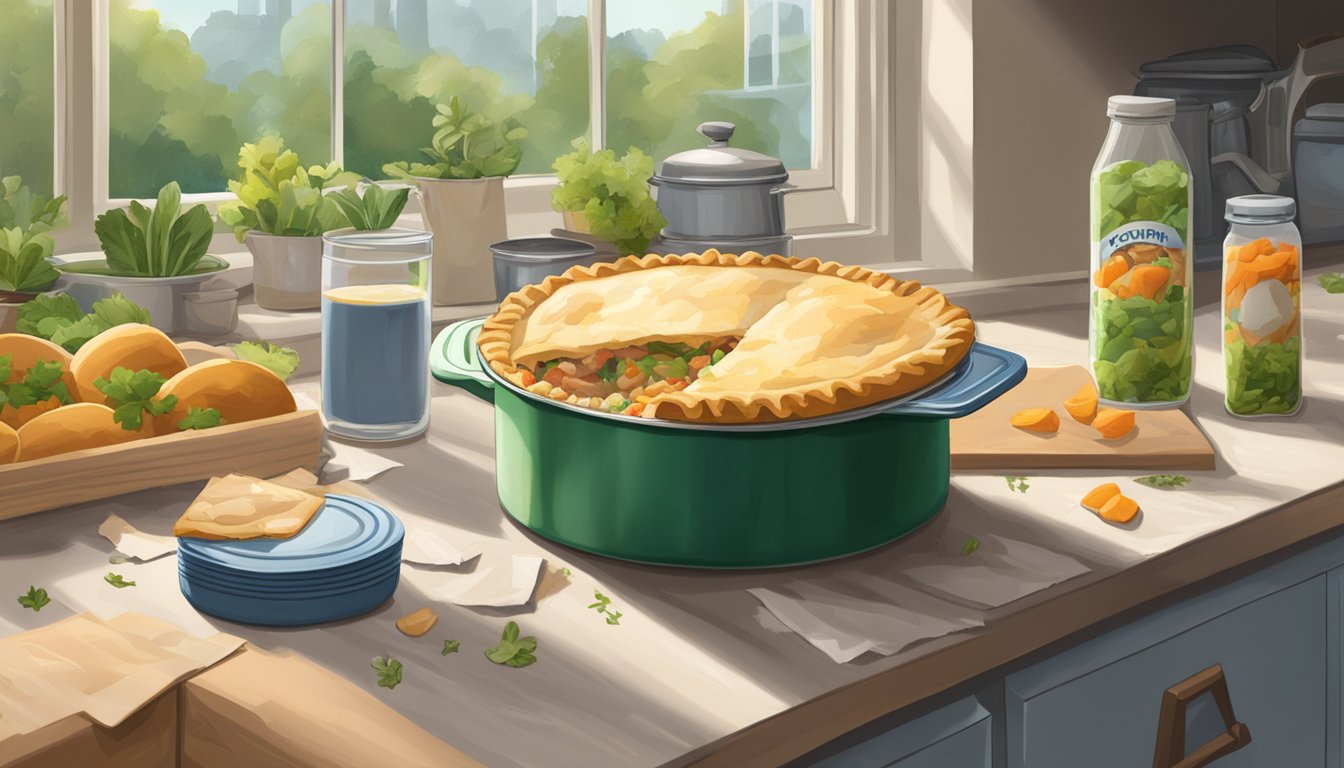 A can of chicken pot pie sits on a cluttered kitchen counter, surrounded by discarded food packaging and scraps. The window reveals a lush garden outside