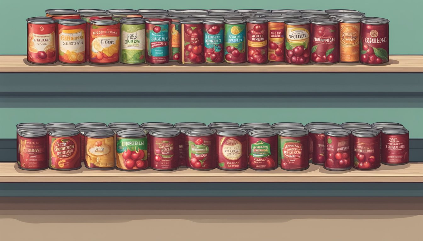 A pantry shelf with a row of canned cherries, some with dented lids, and expiration dates ranging from 6 months to 2 years