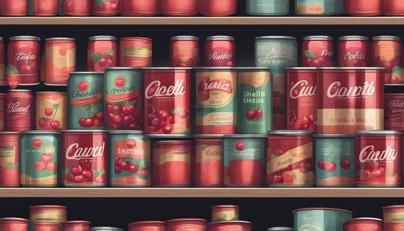 A pantry shelf with rows of neatly stacked canned cherries, some with faded labels, surrounded by a few fallen cans and a dusty atmosphere