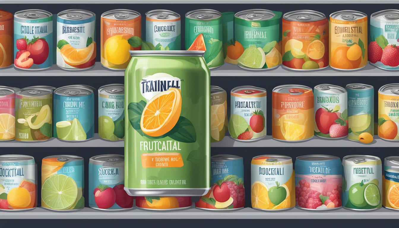 A can of fruit cocktail sits on a shelf, surrounded by other canned goods. The label shows the expiration date, and the can appears intact