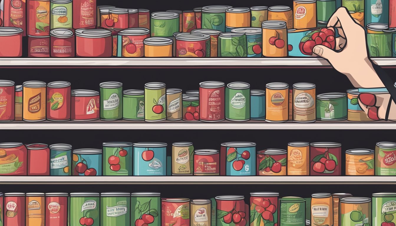 A pantry shelf with rows of canned cherries, some with expiration dates, and a hand reaching for a can