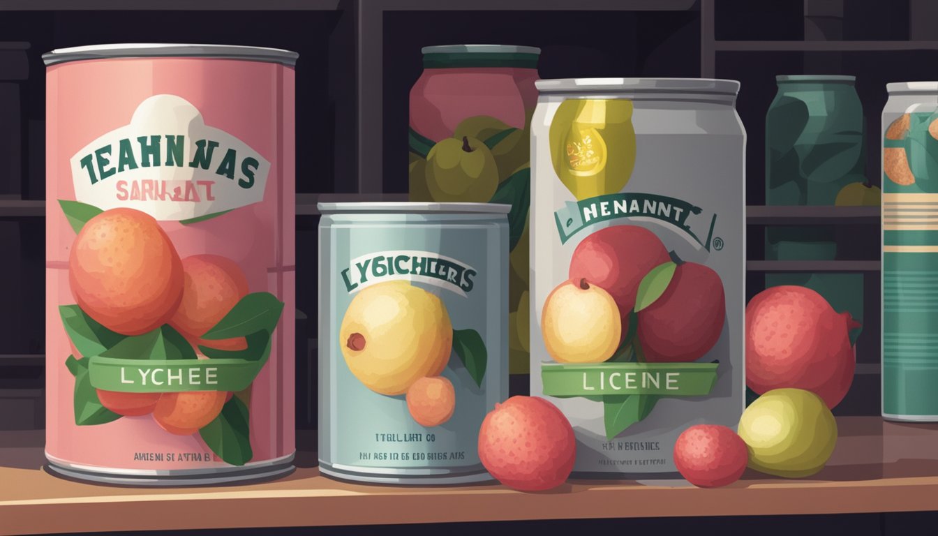 A can of lychee with a slightly dented label, sitting on a shelf next to other canned fruits in a dimly lit pantry