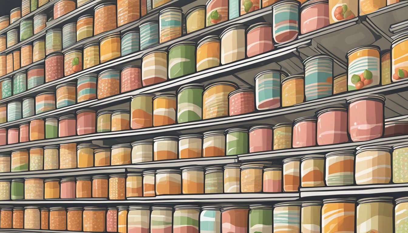 A pantry shelf with neatly organized rows of canned lychee, with a label indicating storage tips and a question about expiration