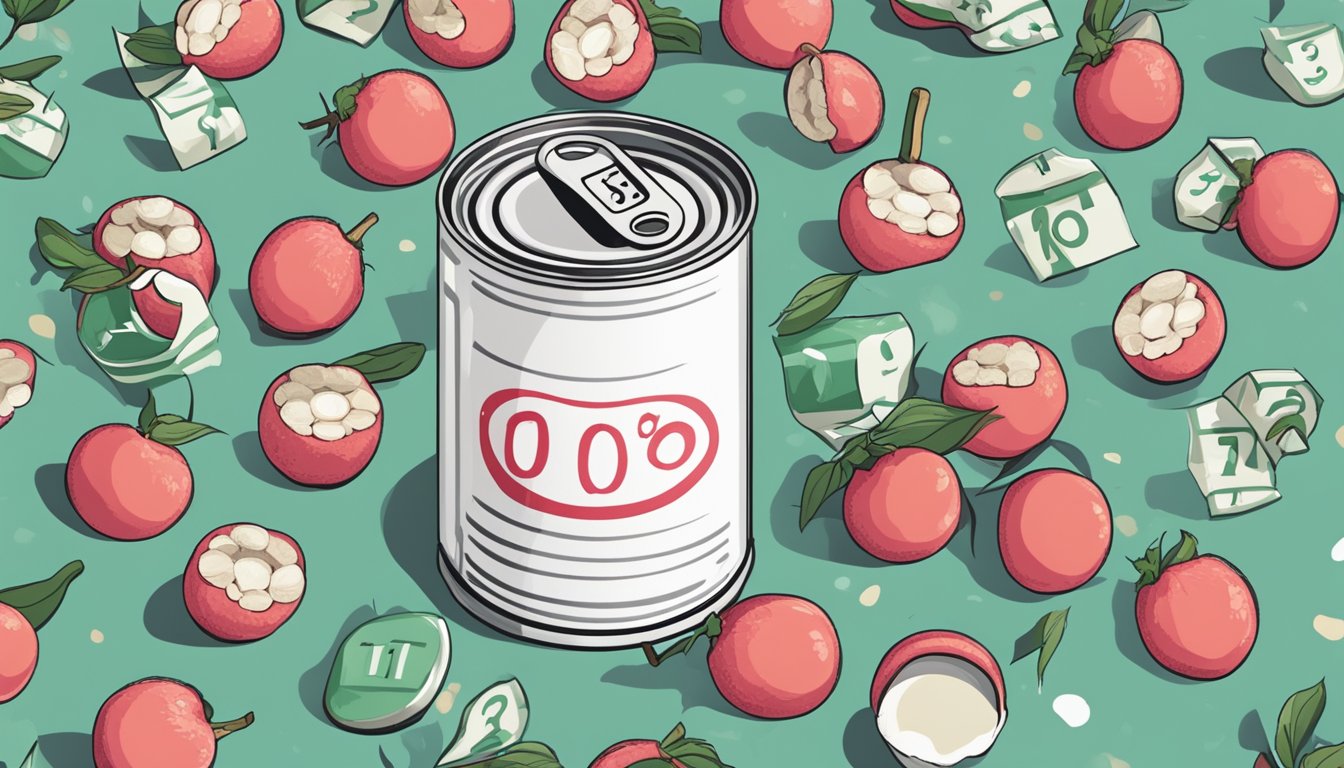 A can of lychee surrounded by question marks and a calendar, indicating uncertainty about its expiration date