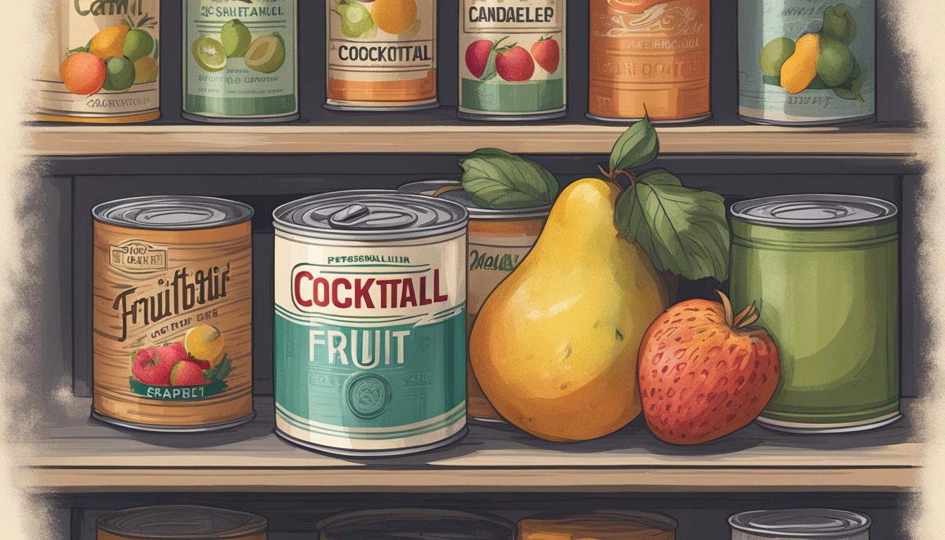 A can of fruit cocktail sits on a pantry shelf, surrounded by other canned goods. The label is slightly worn, and there is a faint layer of dust on top