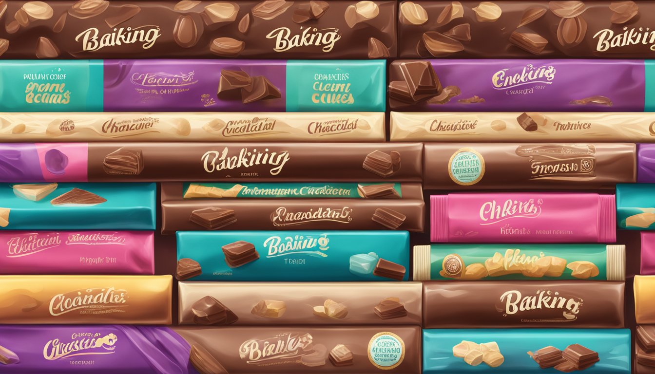 A stack of baking chocolate bars with varying levels of discoloration and blooming, some still in their original packaging