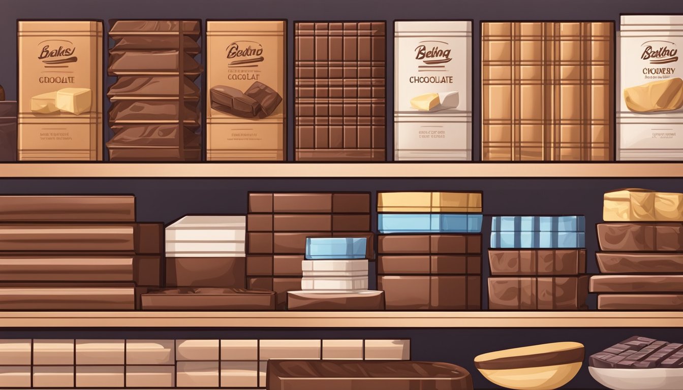 A stack of baking chocolate bars sits on a clean, organized pantry shelf. The packaging is unopened and the chocolate looks fresh and ready for use