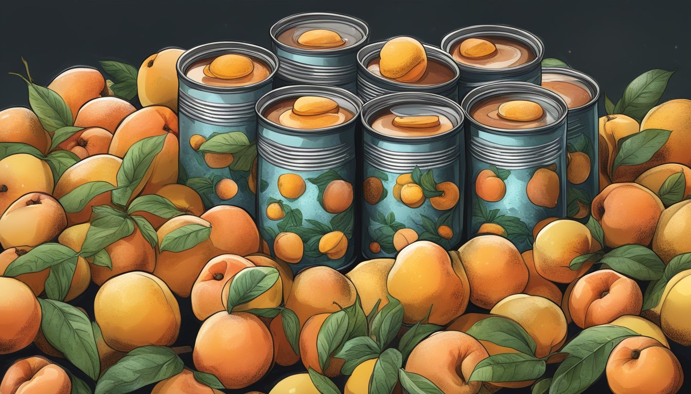 A pile of canned peaches with expiration dates, some bulging and leaking, surrounded by mold and fruit flies