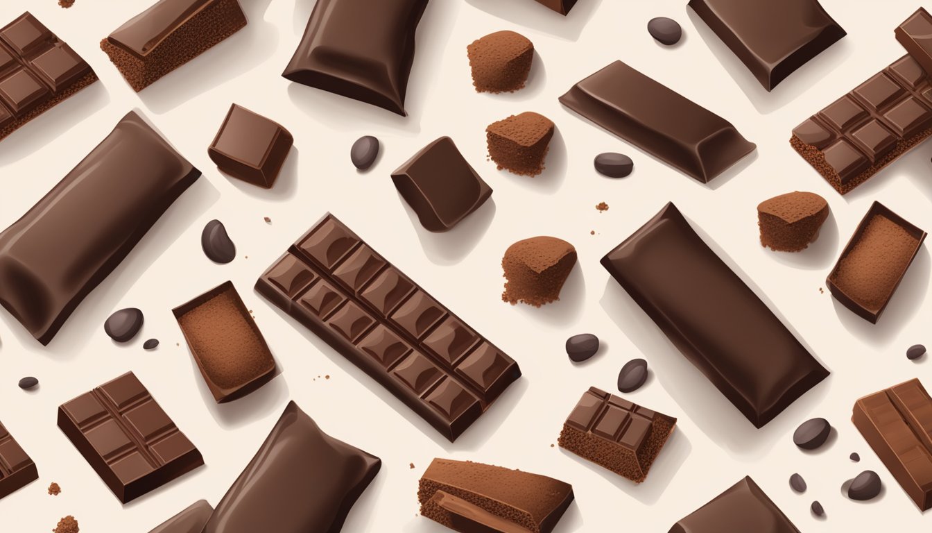 A stack of various chocolate bars and cocoa powder on a kitchen counter, with a few pieces broken off and scattered around