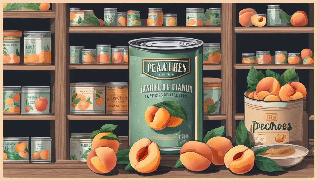 A can of peaches sits on a shelf, surrounded by other canned goods. The label is slightly faded, and there is a layer of dust on top