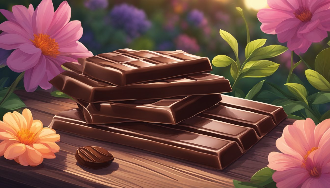 A dark, rich chocolate bar sits on a rustic wooden table, surrounded by vibrant, blooming flowers and lush greenery, under the warm glow of the setting sun