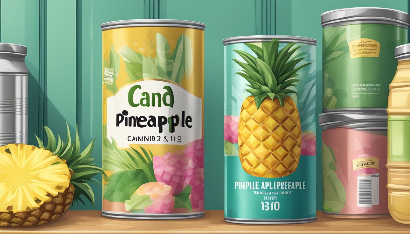 A can of pineapple with a clear expiration date, surrounded by other canned goods on a pantry shelf