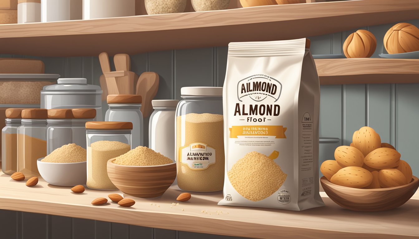 A sealed bag of almond flour sits on a pantry shelf next to other baking ingredients. The pantry is cool and dry, with no direct sunlight