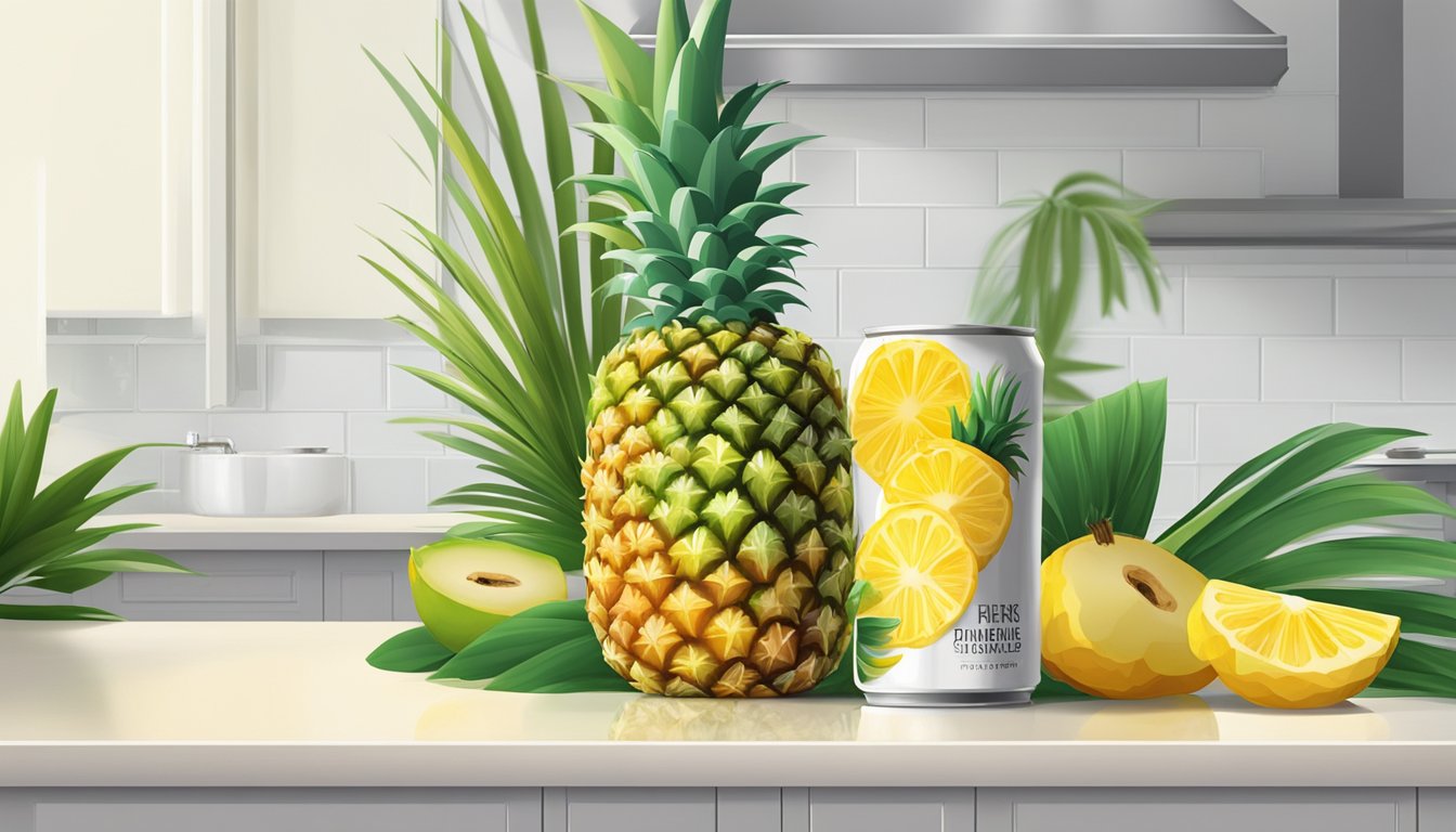 A can of pineapple sits on a pristine white kitchen counter, surrounded by vibrant tropical fruits and a lush green palm leaf