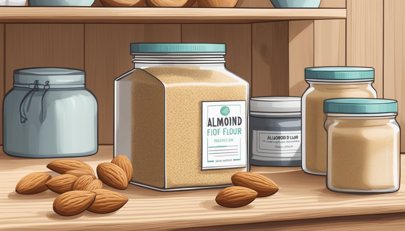 A sealed bag of almond flour sits on a pantry shelf next to a jar of nuts. The pantry is cool and dry, with no direct sunlight