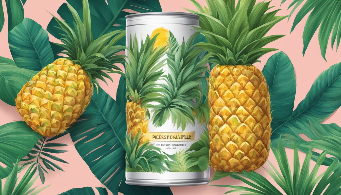 A can of pineapple surrounded by vibrant, tropical foliage with a "best by" date clearly visible