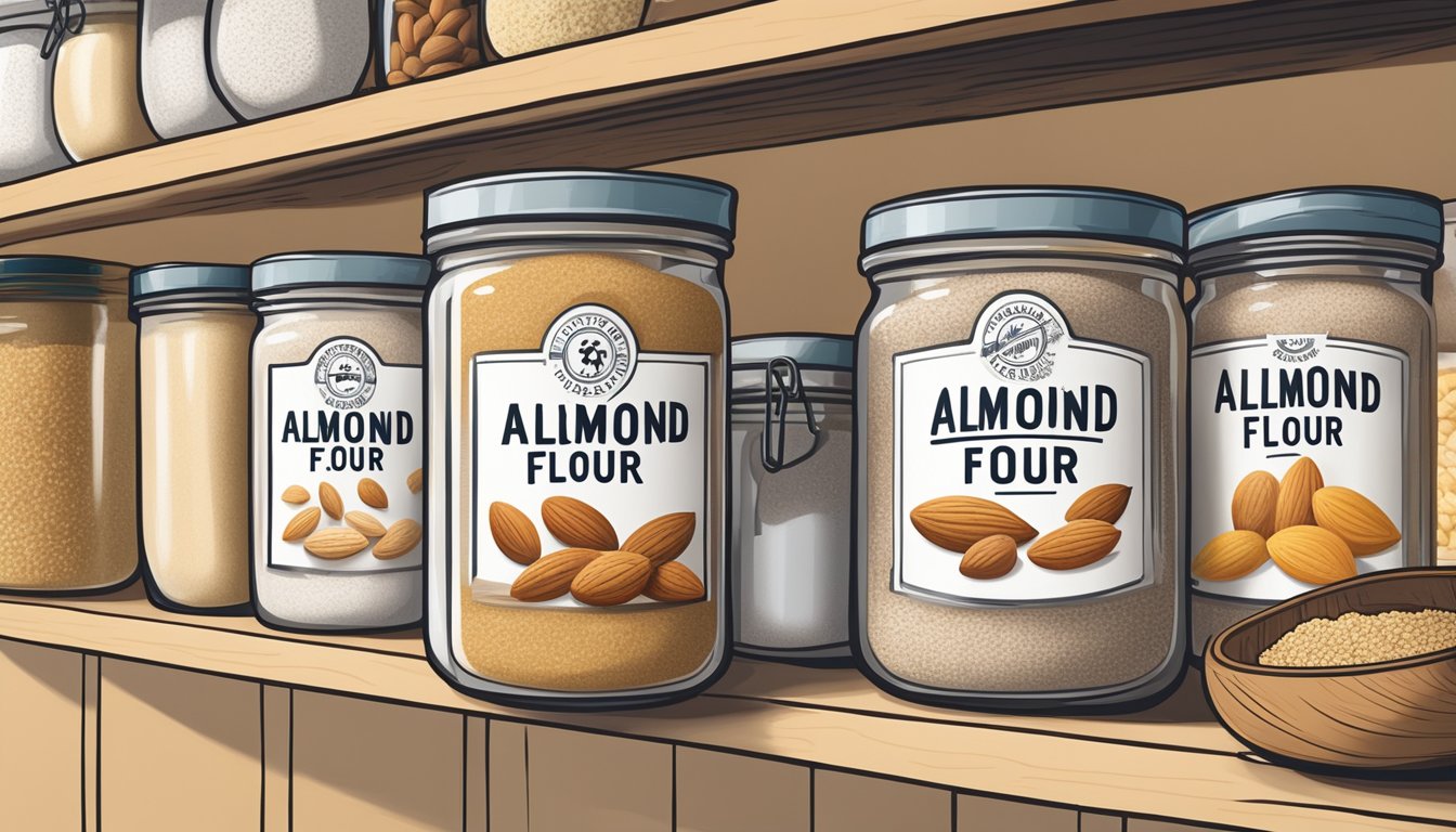 A jar of almond flour sits on a pantry shelf surrounded by other baking ingredients. The lid is tightly sealed, and the label indicates the date of purchase