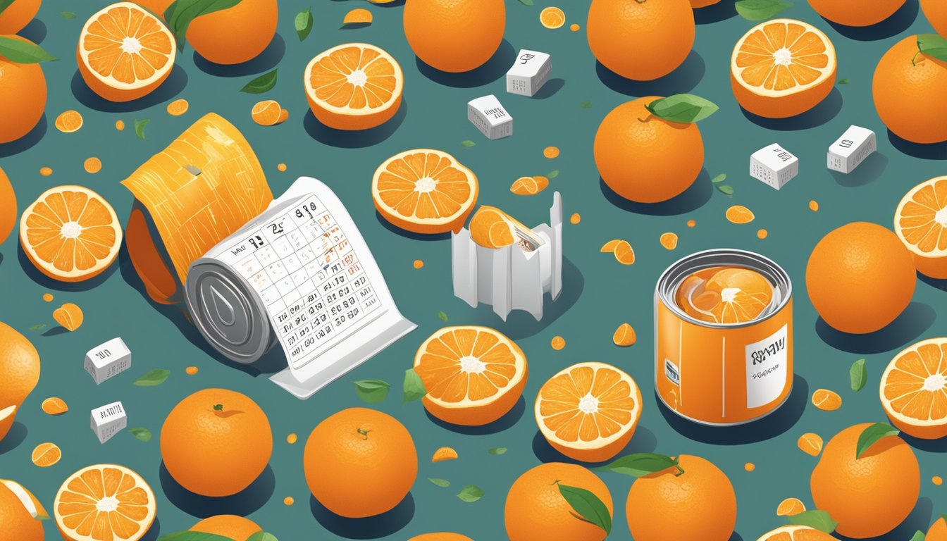 A can of mandarin oranges surrounded by question marks and a calendar, with one orange appearing shriveled and moldy