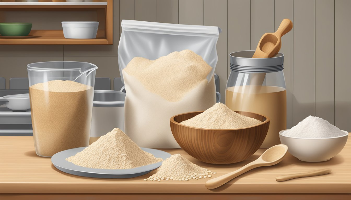 A bag of whole wheat flour sits open on a kitchen counter, surrounded by measuring cups, a mixing bowl, and a wooden spoon