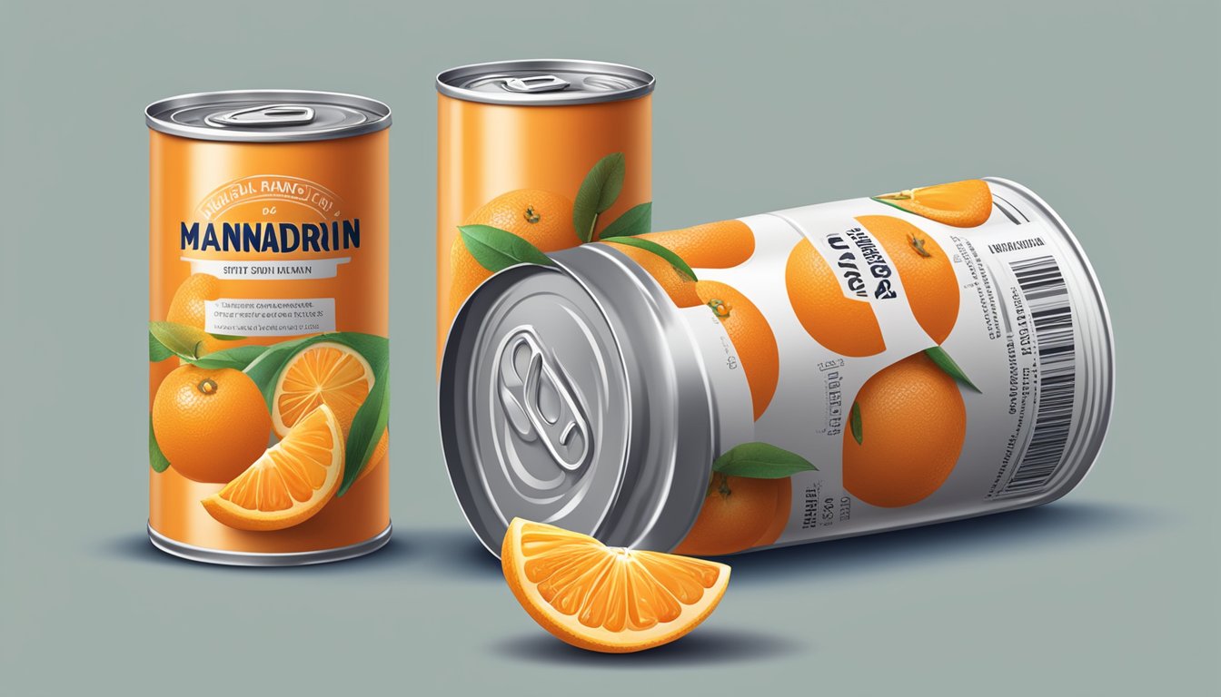 A can of mandarin oranges with a faded expiration date, surrounded by empty cans and a half-eaten fruit