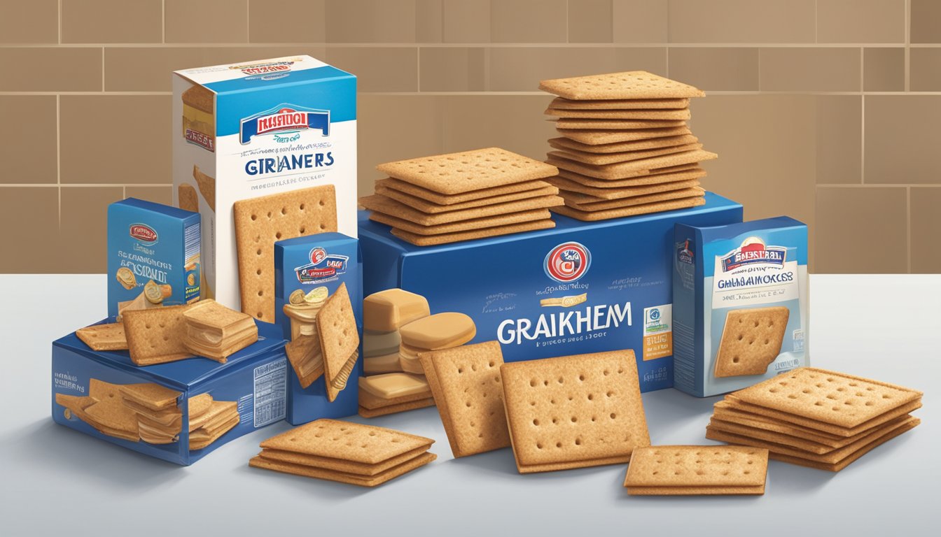 A pack of graham crackers sits on a kitchen shelf, surrounded by other snacks and ingredients. The expiration date is visible on the packaging