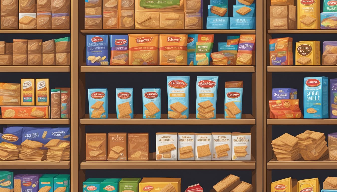 A pantry shelf filled with a variety of graham cracker boxes, some opened and partially consumed, others still sealed and neatly stacked