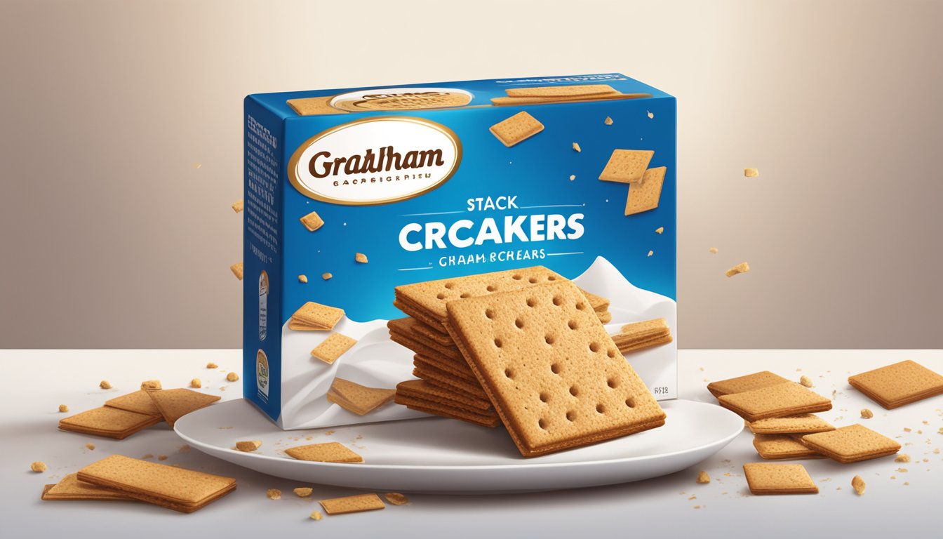 A stack of graham crackers sits on a clean, white plate, surrounded by scattered crumbs. The packaging is open, revealing the crackers' golden brown color