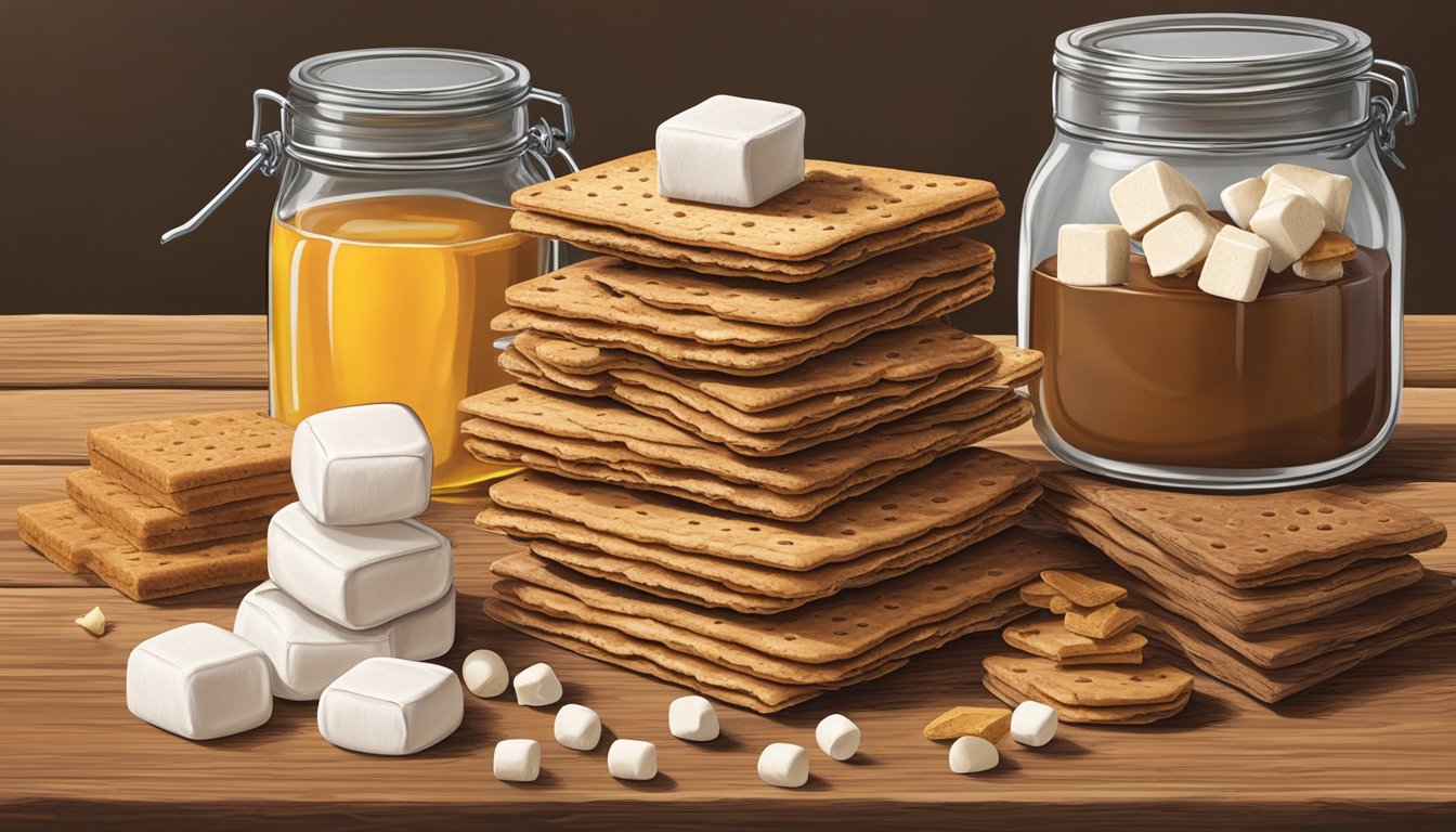 A stack of graham crackers sits on a rustic wooden table, surrounded by jars of honey, marshmallows, and chocolate, hinting at the potential for s'mores and other sweet treats