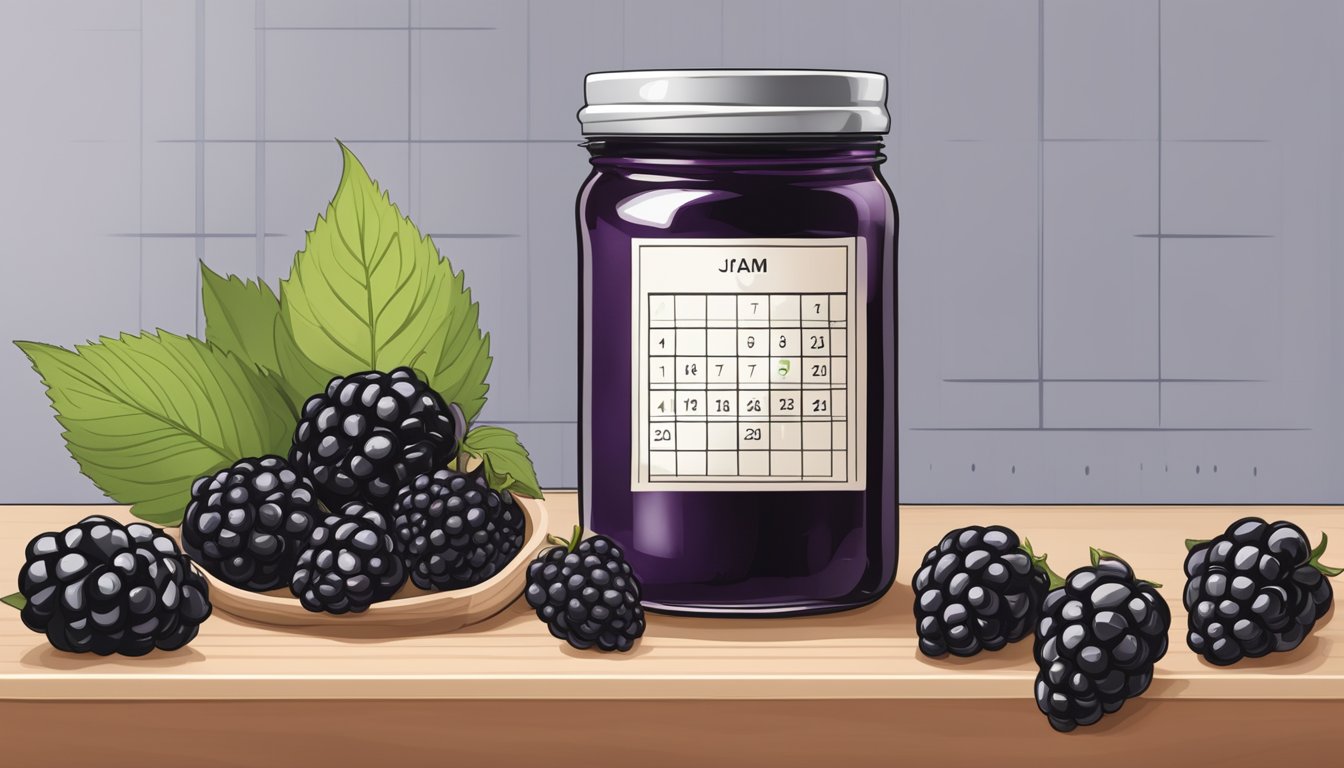 A jar of blackberry jam sits on a shelf, surrounded by fresh blackberries and a calendar showing the current date