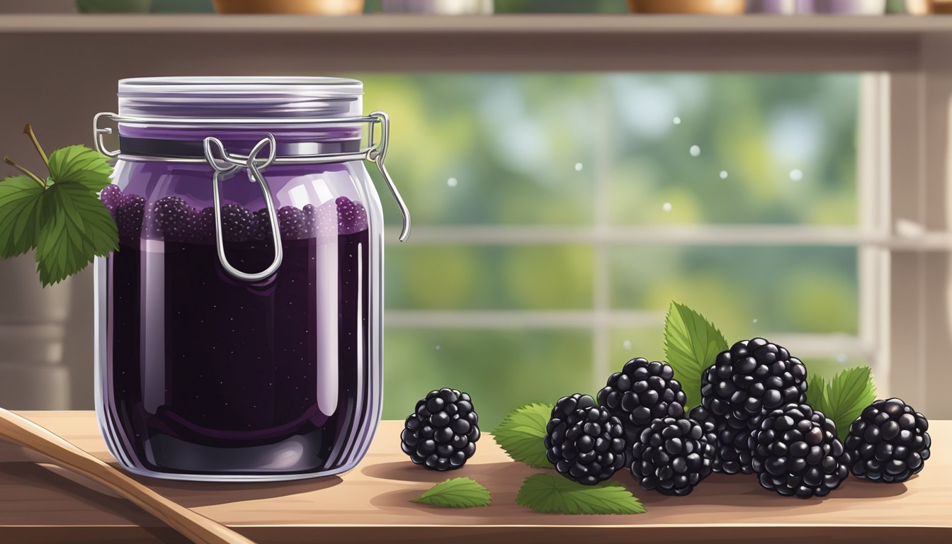 A jar of blackberry jam sits on a shelf surrounded by fresh blackberries and sugar, with a pot and spoon nearby