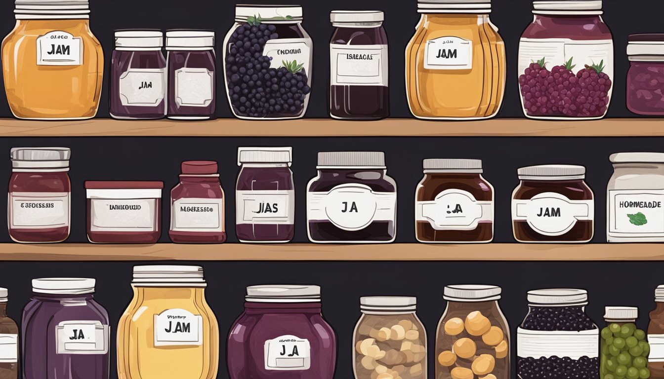 A row of labeled jars, some homemade and some store-bought, sit on a wooden shelf. The homemade jam is surrounded by fresh blackberries and the store-bought jam has a calendar with expiration dates