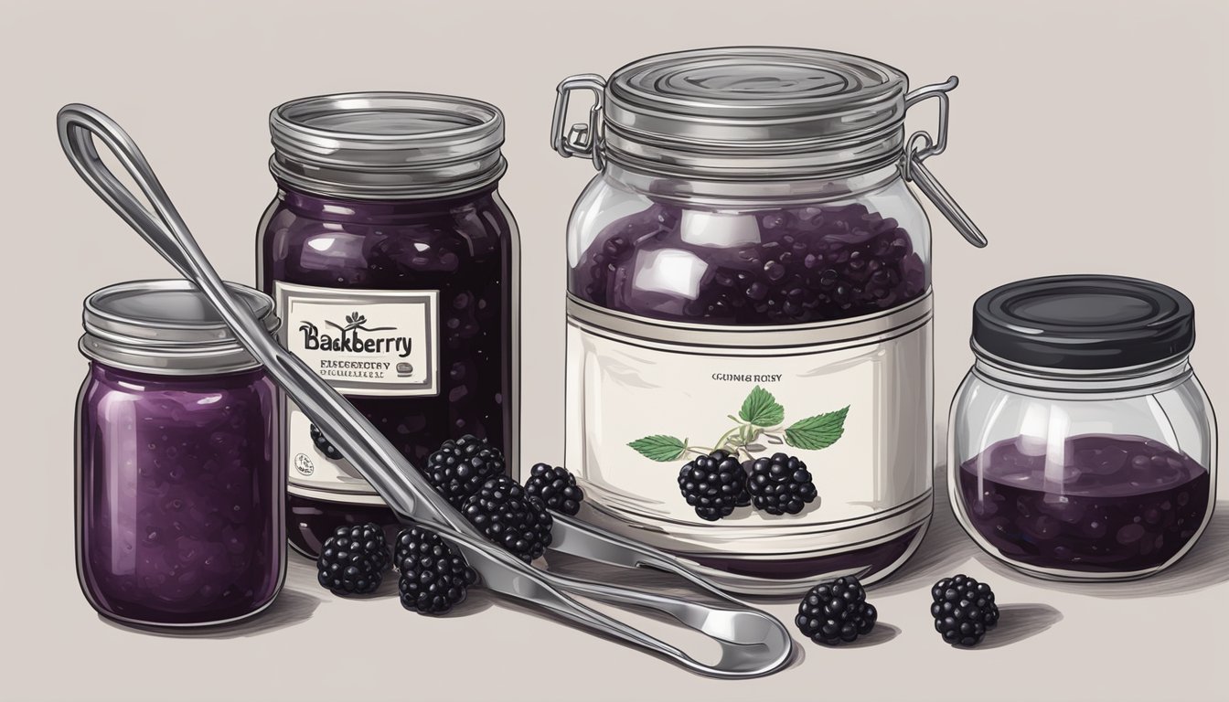 A kitchen counter with jars of blackberry jam, a pot of boiling water, and a canning funnel and tongs