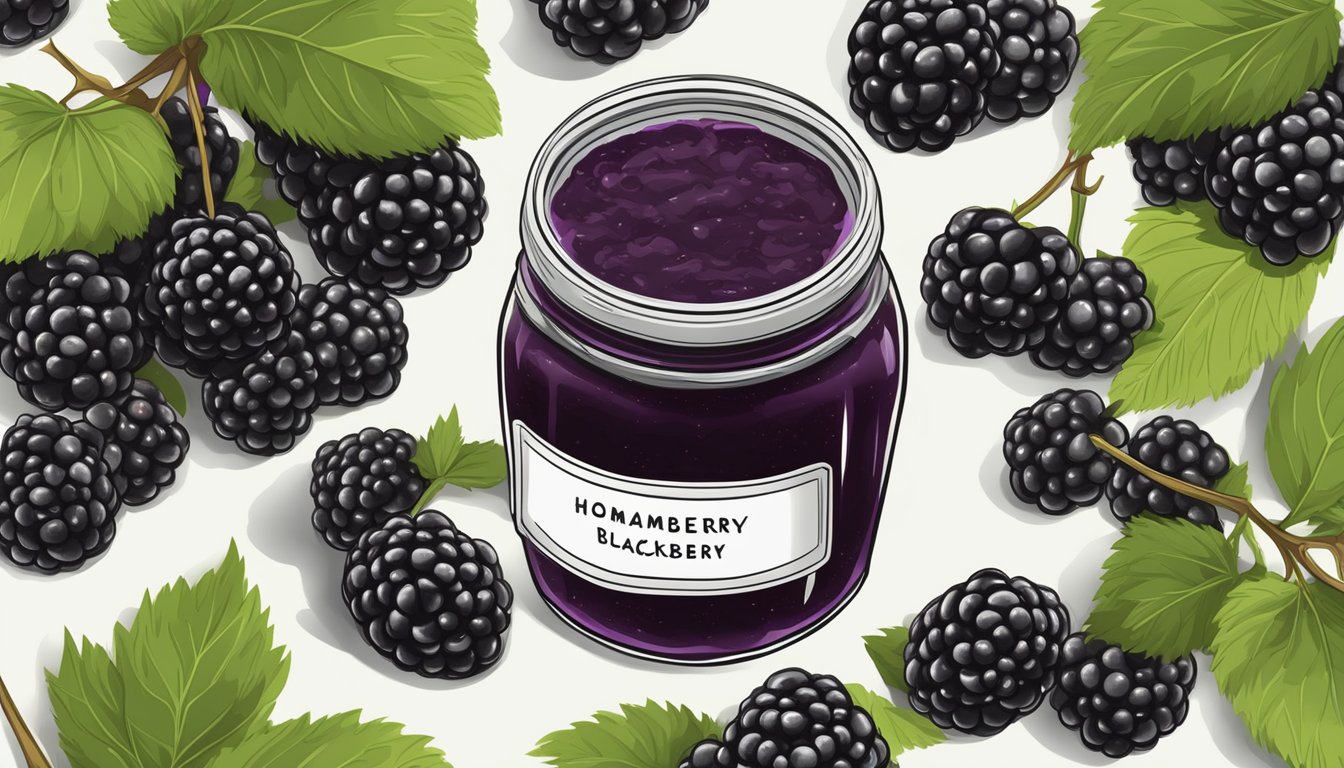 A jar of homemade blackberry jam surrounded by fresh blackberries and a label with an expiration date