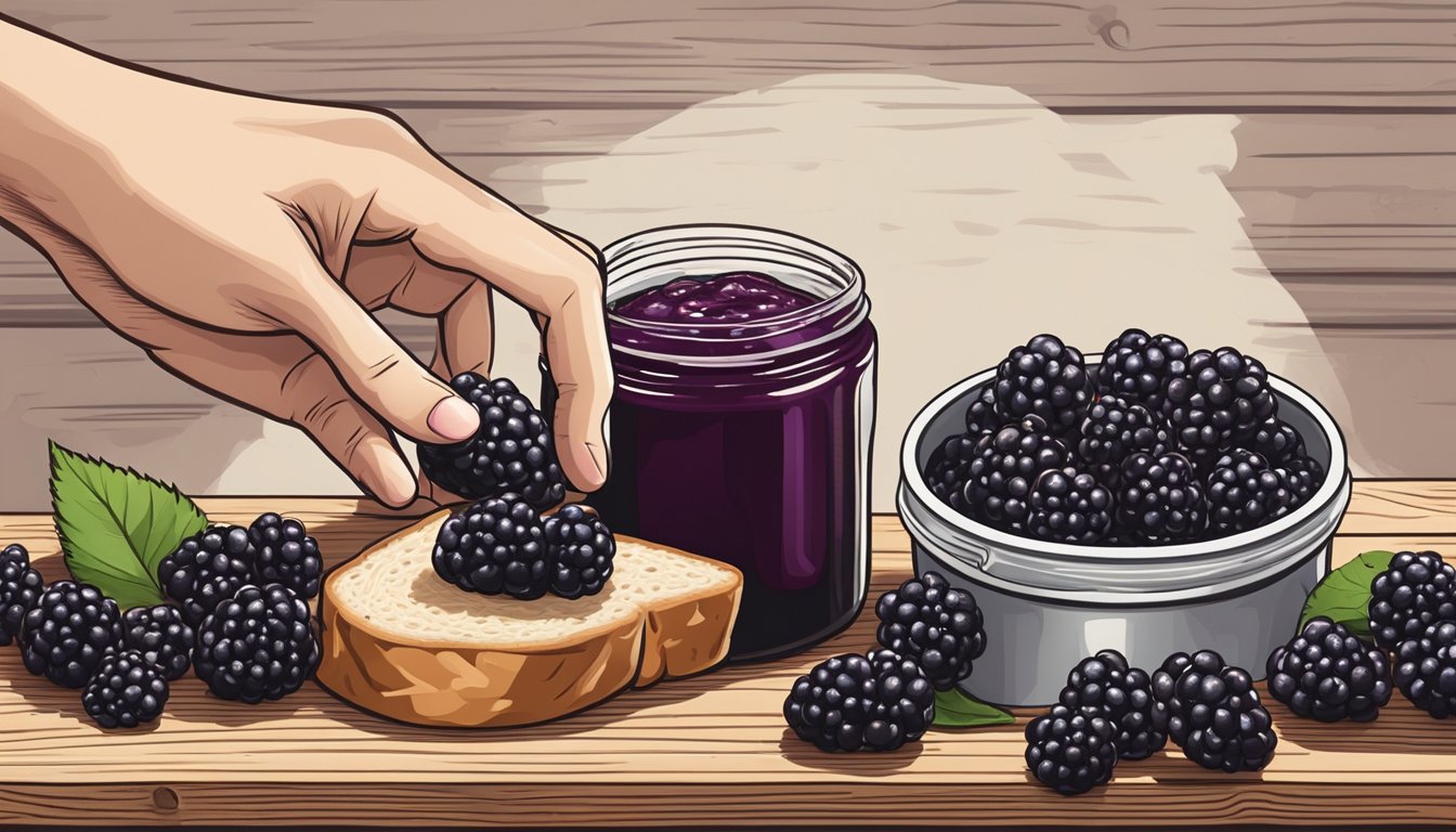 A hand reaching for a jar of canned blackberry jam on a rustic wooden shelf, surrounded by fresh blackberries and a slice of bread