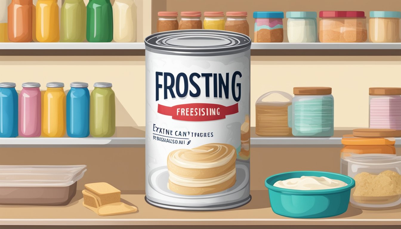 A can of frosting sits on a shelf in a pantry, surrounded by other baking supplies. The label shows the expiration date