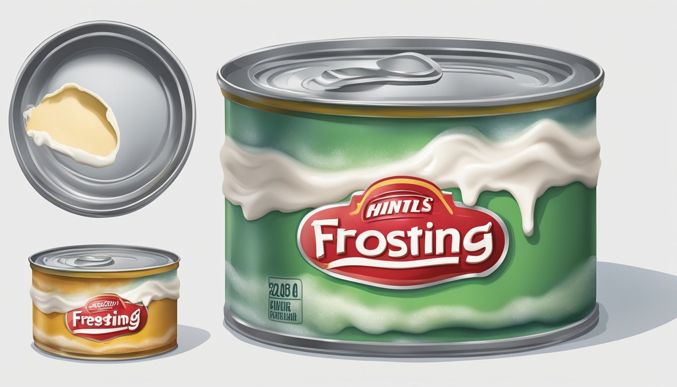 A can of frosting sits open with a layer of mold forming on the surface, surrounded by a faint foul odor