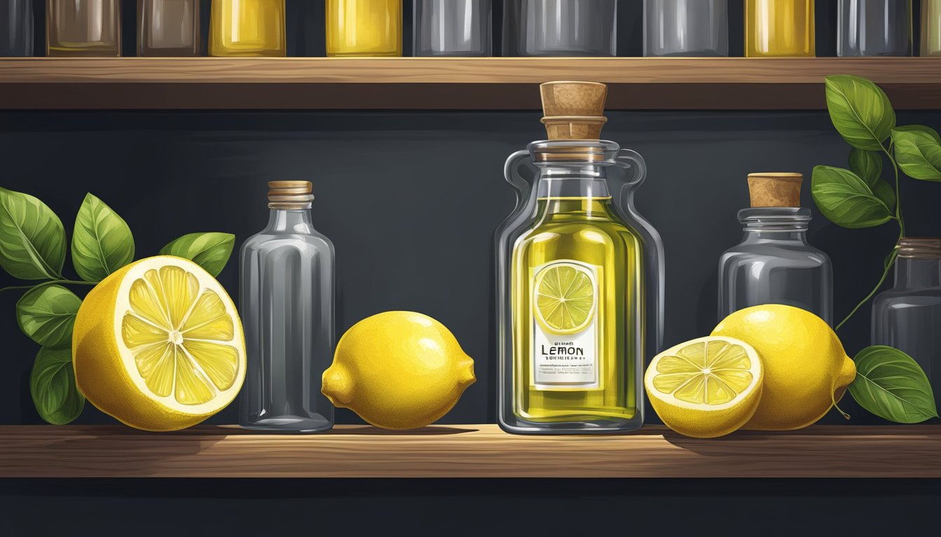 A glass bottle of lemon extract sits on a shelf in a cool, dark pantry, away from direct sunlight and heat sources