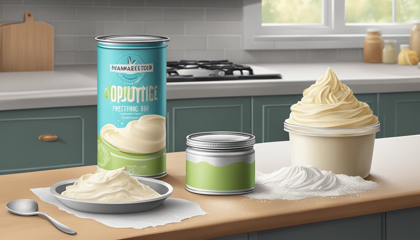 A kitchen counter with open cans of expired frosting next to homemade frosting in a piping bag