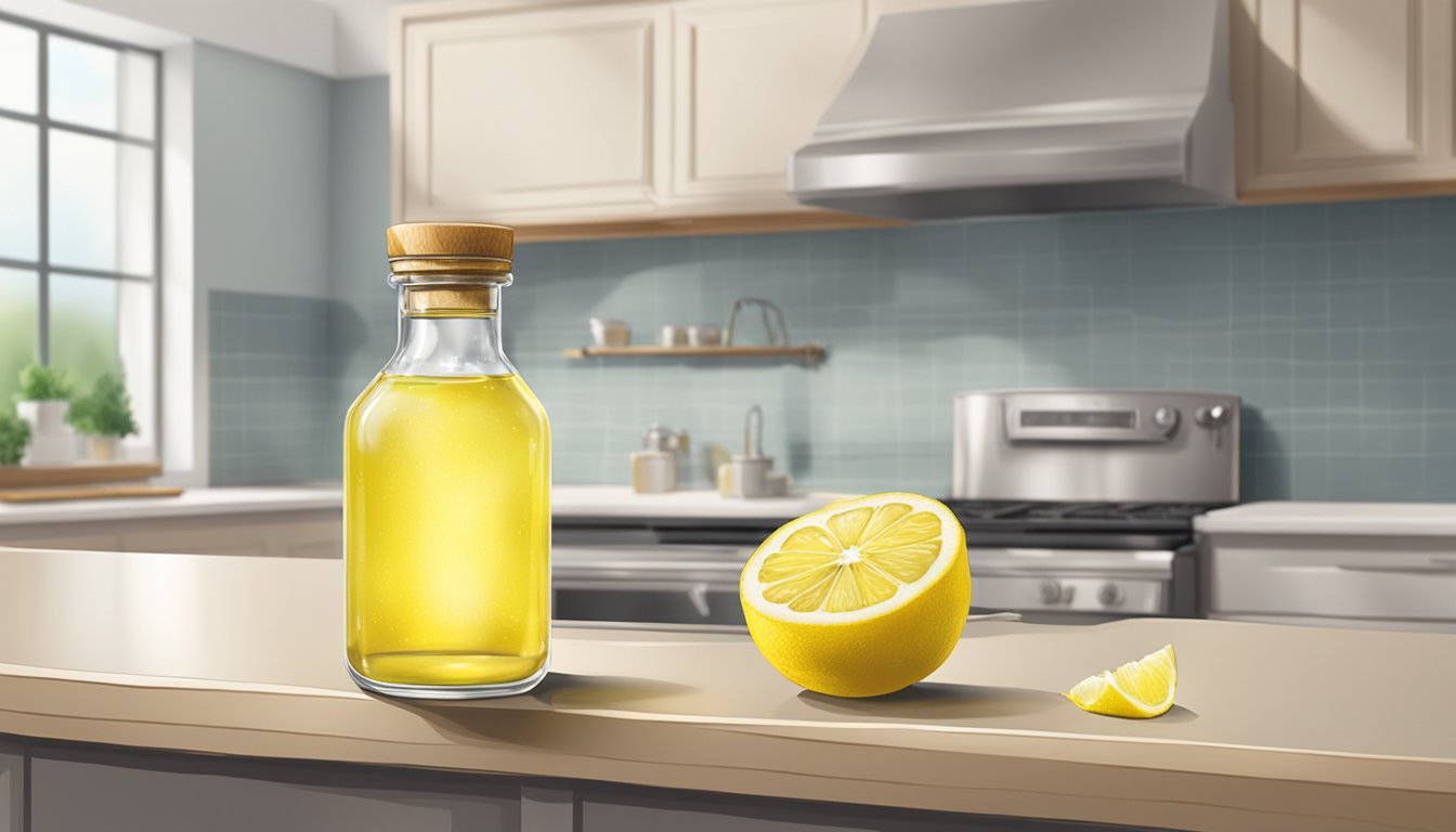 A half-empty bottle of lemon extract sits on a kitchen counter, the liquid inside appearing cloudy and discolored. The bottle is surrounded by a faint, unpleasant odor