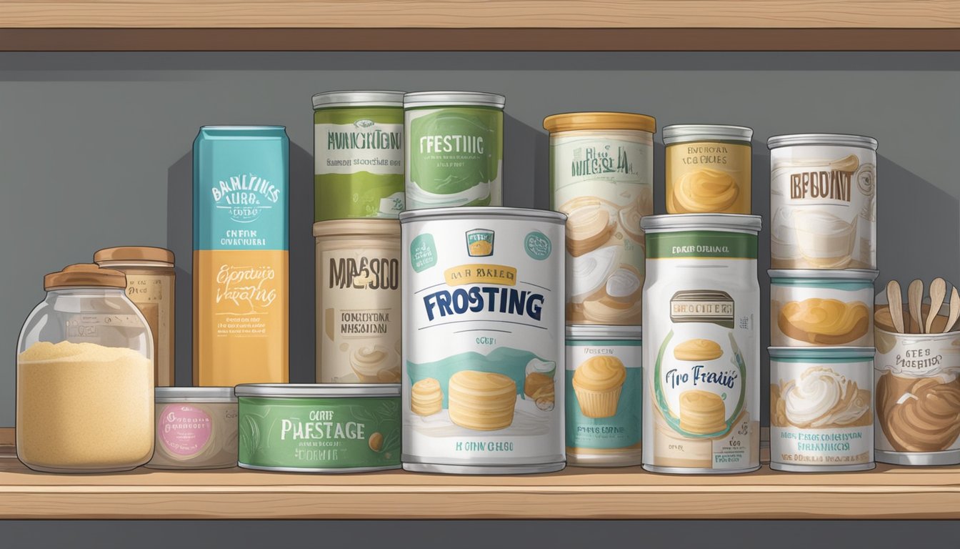 A can of frosting sits on a cluttered pantry shelf, surrounded by other baking supplies. The expiration date on the label is barely visible