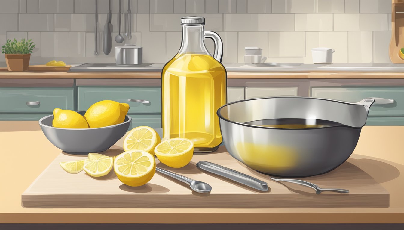 A bottle of lemon extract sits on a kitchen counter next to a measuring spoon and a mixing bowl filled with batter