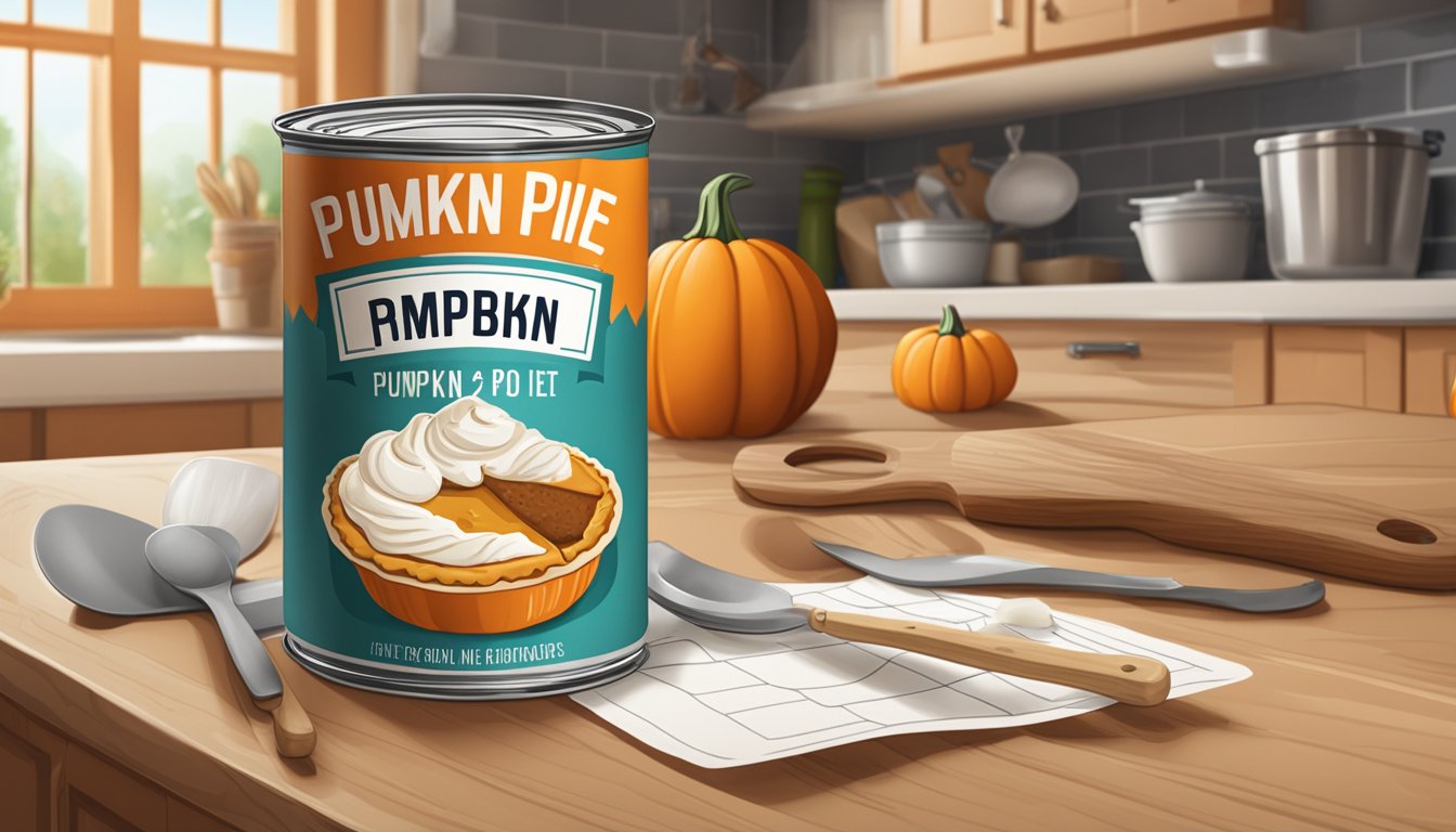 A can of pumpkin pie mix sits on a kitchen counter, surrounded by ingredients and utensils. A calendar on the wall shows the current date