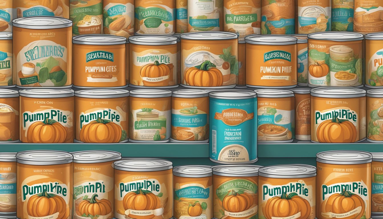 A can of pumpkin pie mix sits on a shelf, surrounded by other canned goods. The expiration date is visible on the label