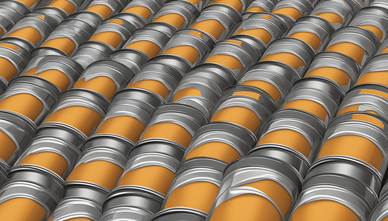 A pantry shelf with neatly organized rows of canned pumpkin pie mix, with a label indicating the expiration date clearly visible on each can