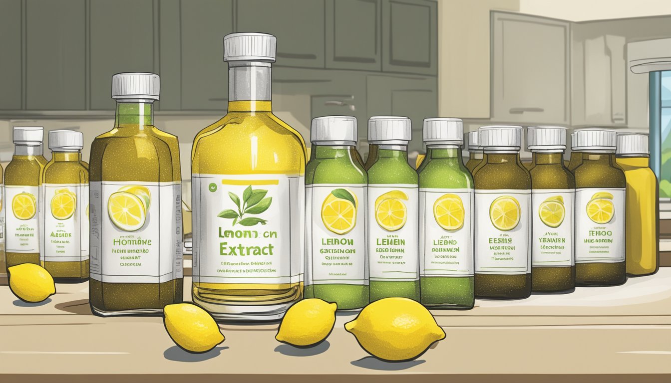 A row of fresh lemons and store-bought lemon extract bottles on a kitchen counter, with a question mark hovering over the homemade extract